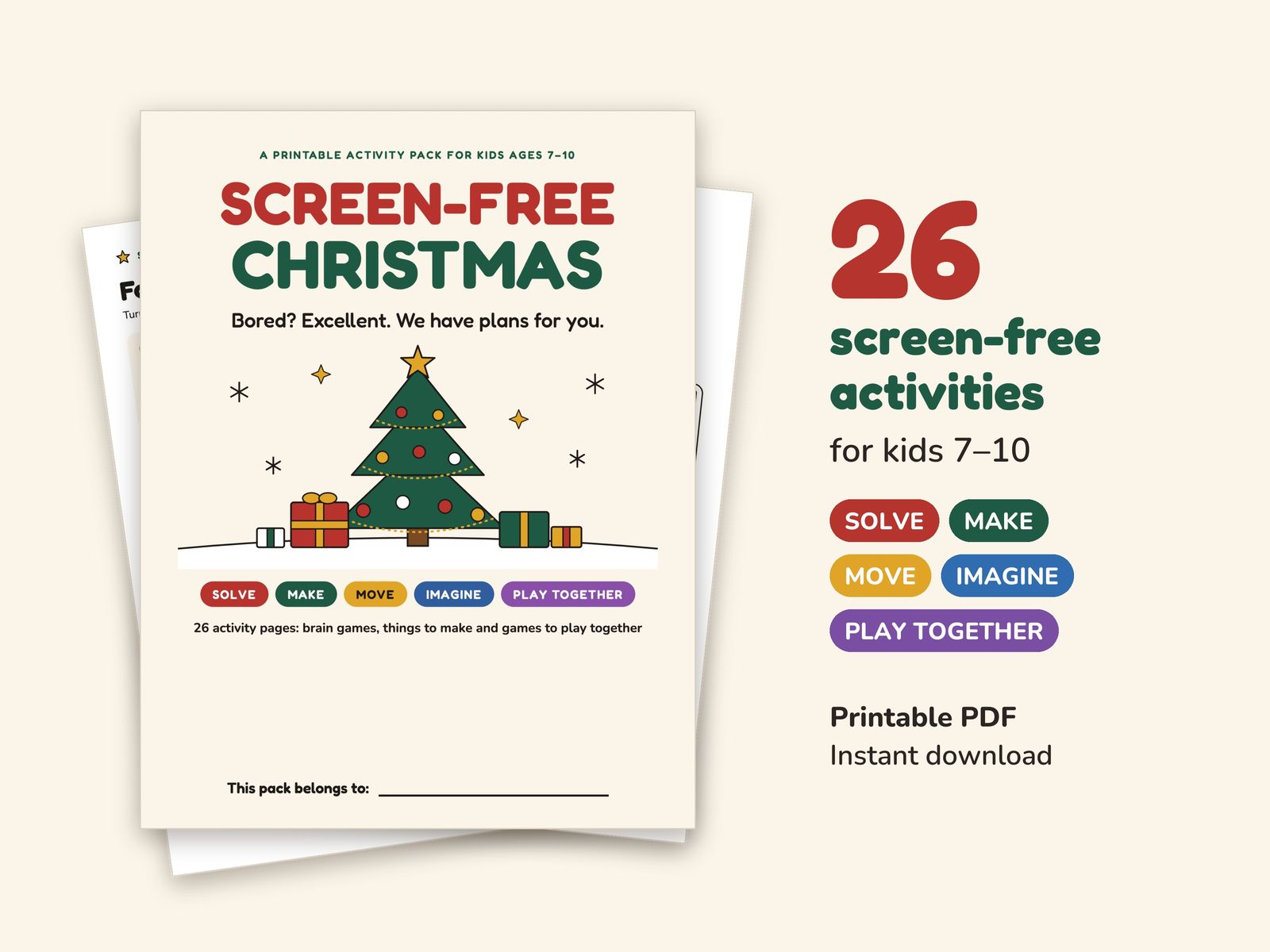 The Screen-Free Christmas cover with activity pages fanned behind it