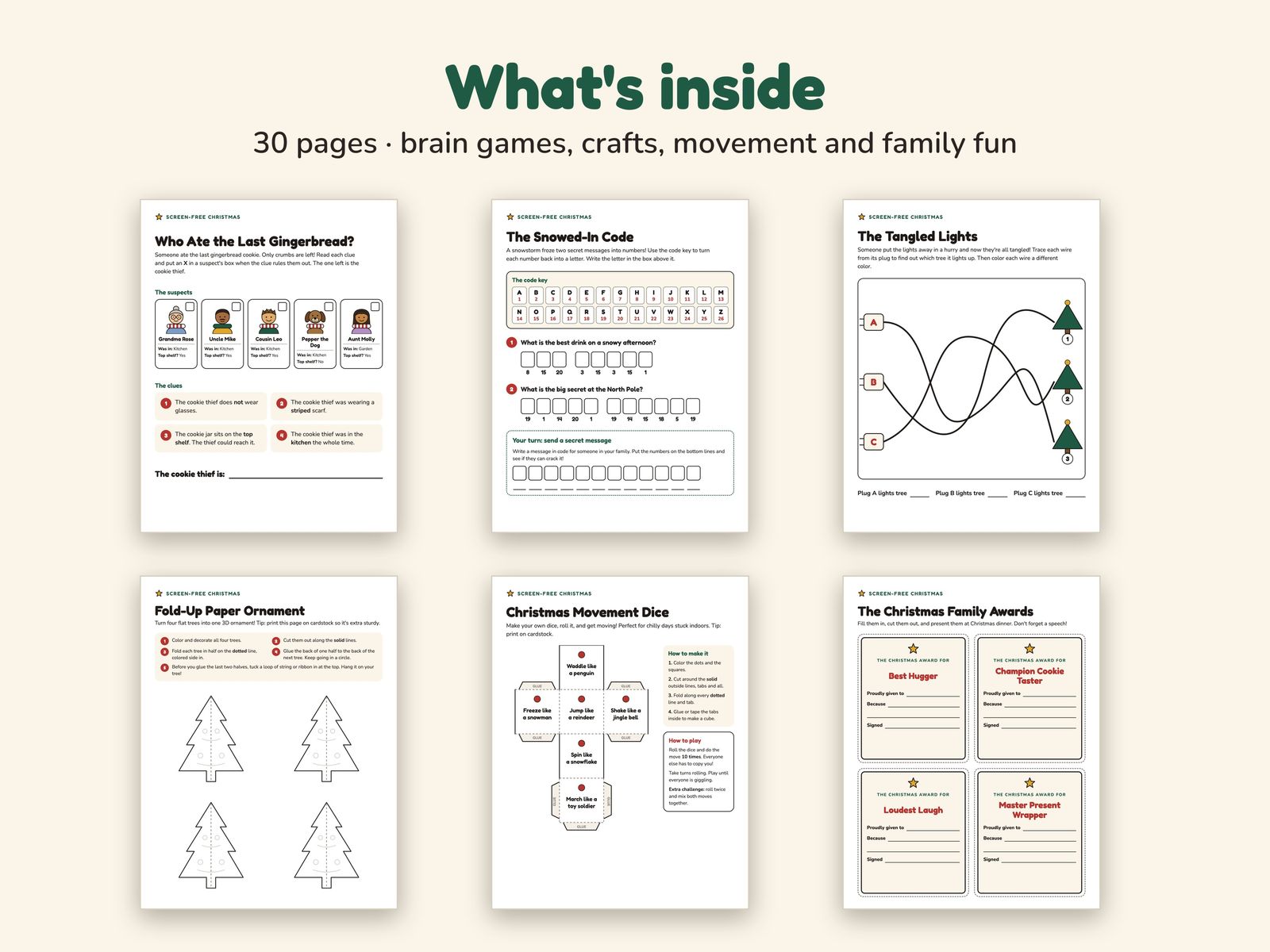 Six activity pages: a whodunit, a secret code, tangled lights, a paper ornament, movement dice and family awards