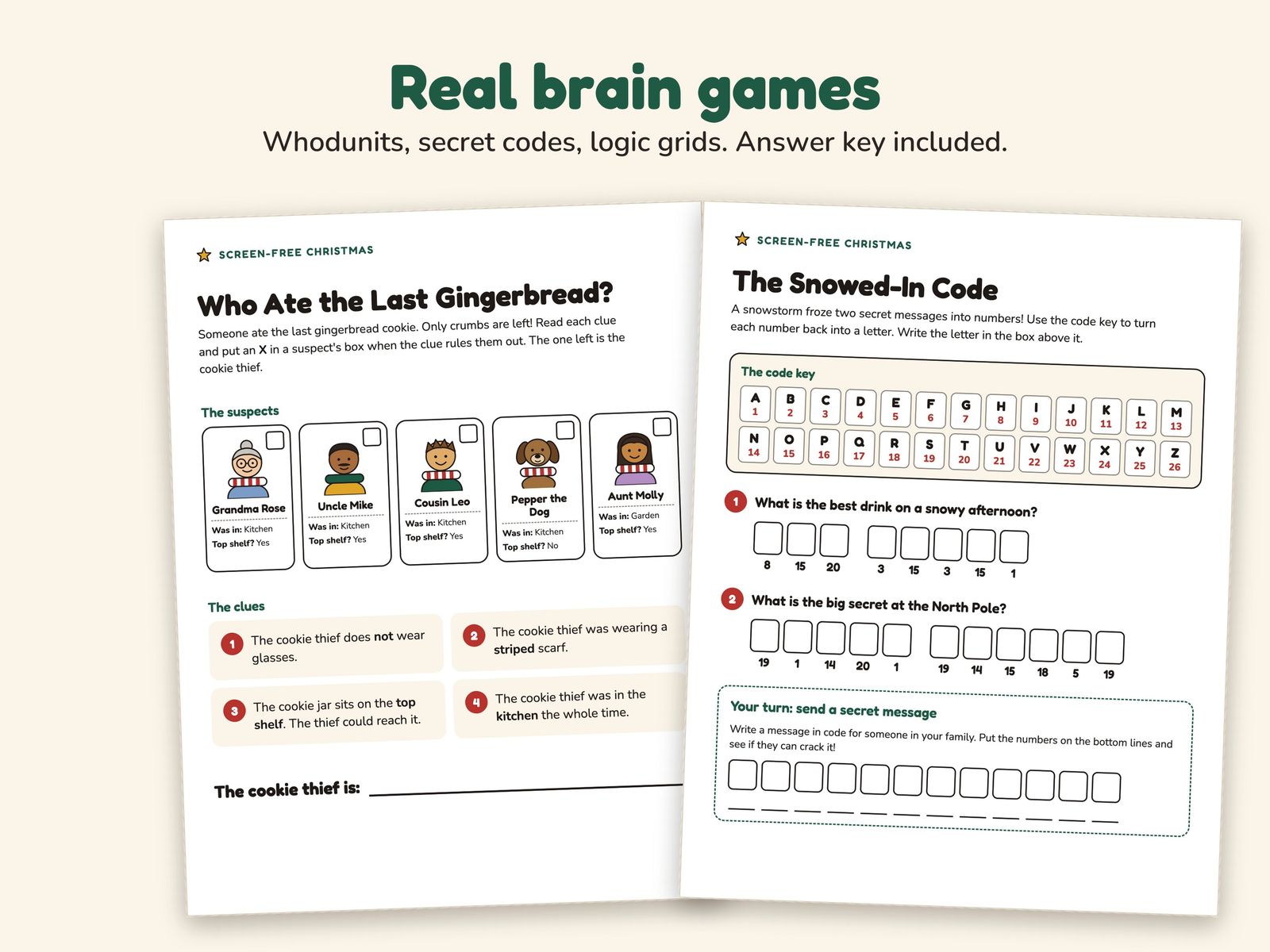 Brain game pages: Who Ate the Last Gingerbread? and The Snowed-In Code
