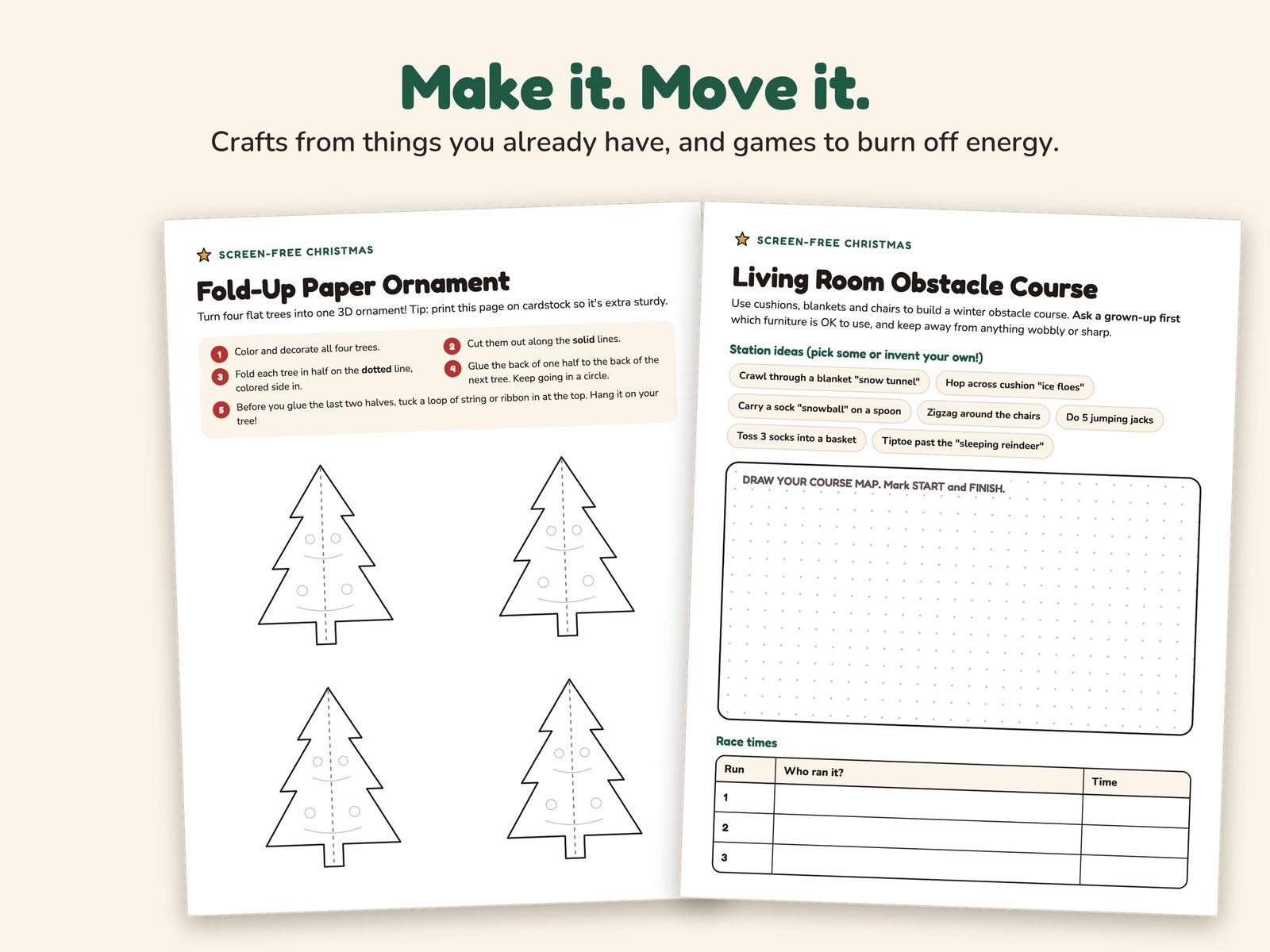 Craft and movement pages: a fold-up paper ornament and a living room obstacle course