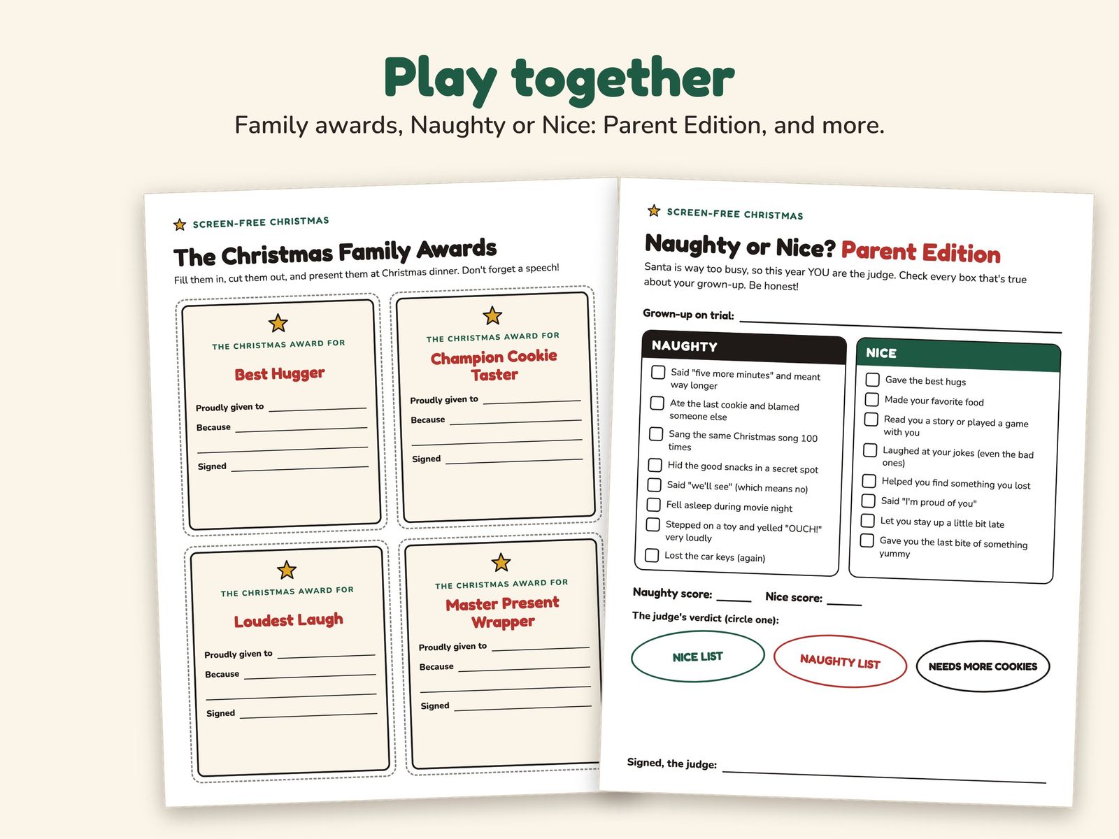 Family pages: Christmas family awards and Naughty or Nice: Parent Edition