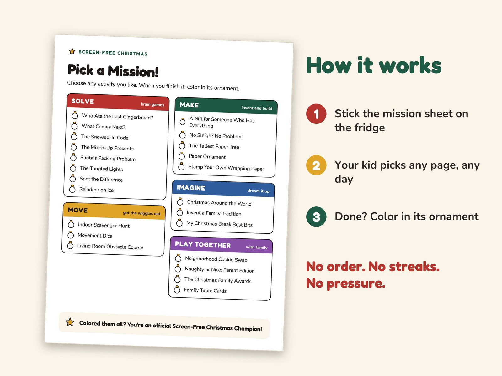 The Pick a Mission fridge sheet listing every activity